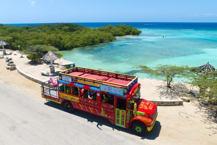 Colorful bus on coastal road by turquoise sea and trees under clear blue sky.