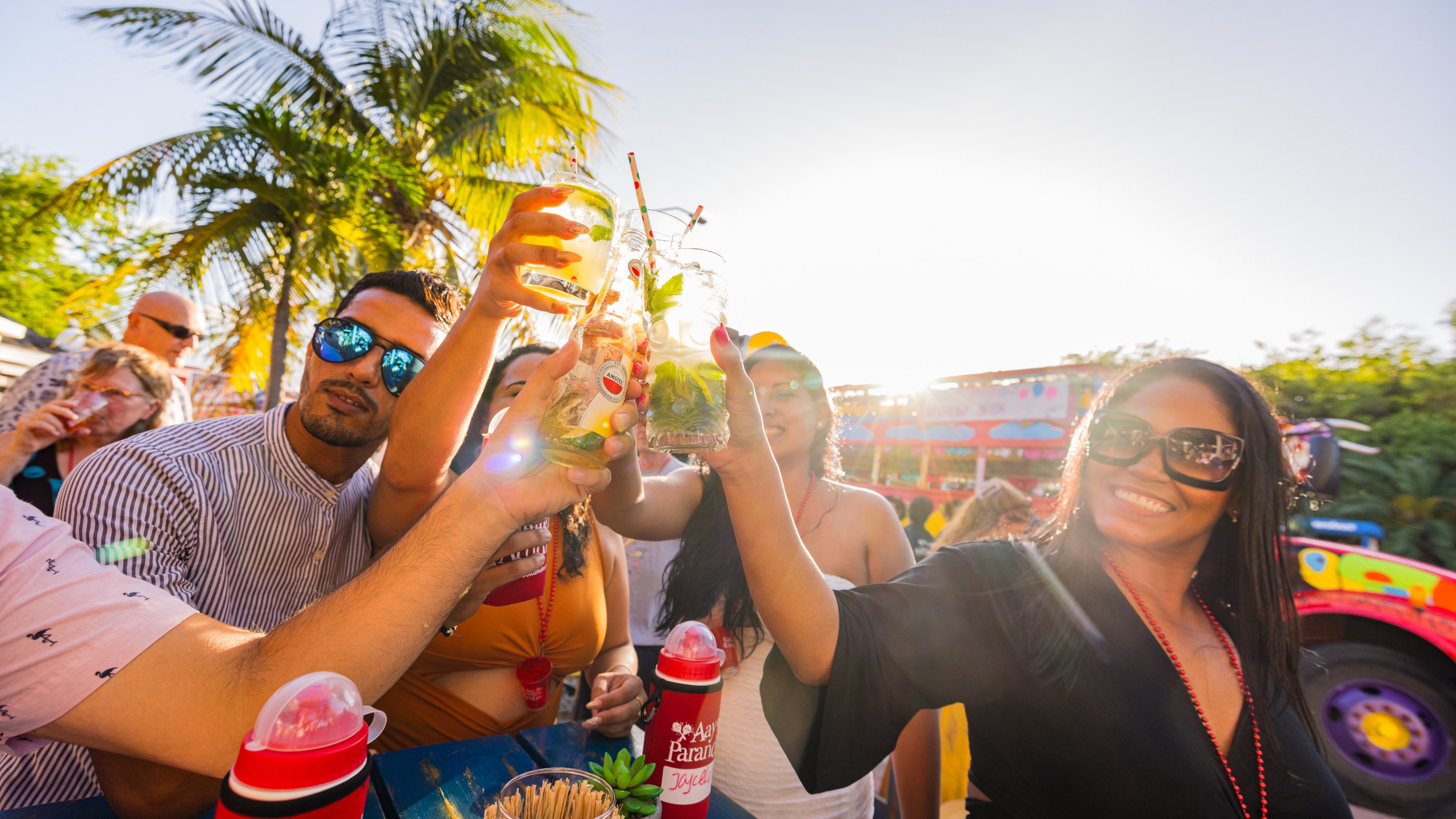 Group of people toasting with drinks outdoors, sunny day, palm trees in background.