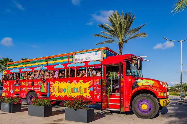 Colorful open-air party bus with palm trees and people onboard waving, under a clear blue sky.