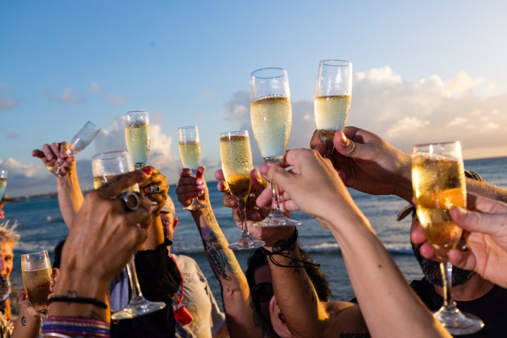 Group of people toasting with champagne glasses by the seaside at sunset.