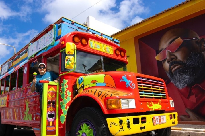 Colorful bus with decorations and a driver holding a maraca, next to a mural of a man in sunglasses.
