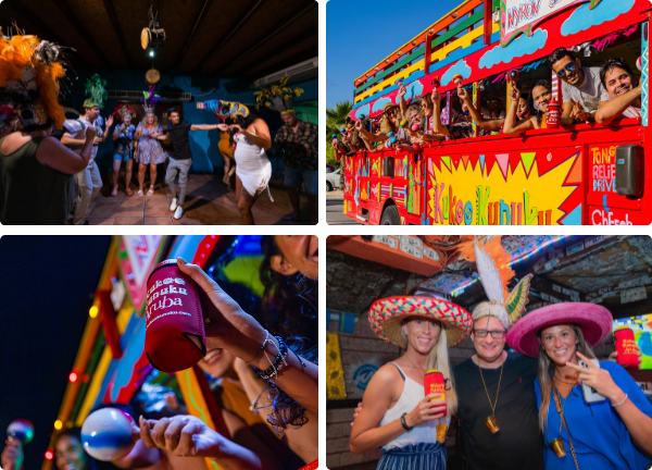 Collage of people dancing, partying on a colorful bus, holding drinks, and wearing festive hats.