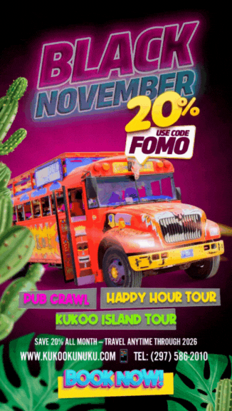 Colorful bus advertises travel tour with 20% off in November using code 'FOMO'.