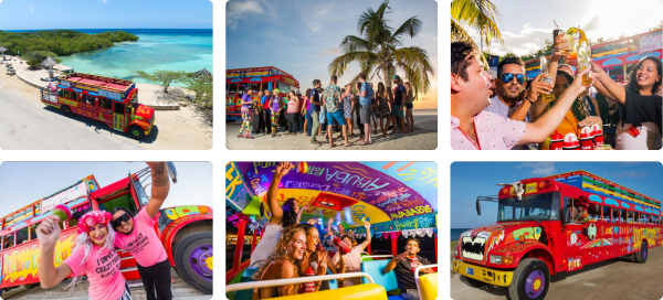 Colorful party bus and people celebrating on a beach with palm trees.