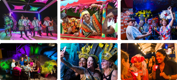 Collage of festive scenes with people dancing, celebrating, and taking selfies.