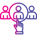 Three stylized people with a hand selecting the middle one, symbolizing choice or recruitment.