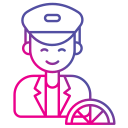 Line art of a smiling driver with a cap and steering wheel.