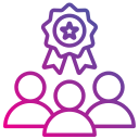 Three people with an award ribbon above them