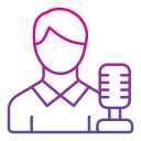 Outline of a person with a microphone, gradient colored purple to pink.