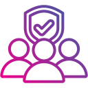 Three outlined people with a shield and checkmark above them