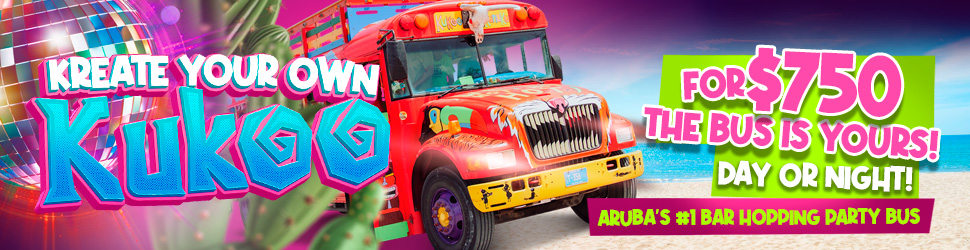 Colorful party bus ad with 'Kreate Your Own Kukoo,' offering $750 rental in Aruba's bar hopping party bus.