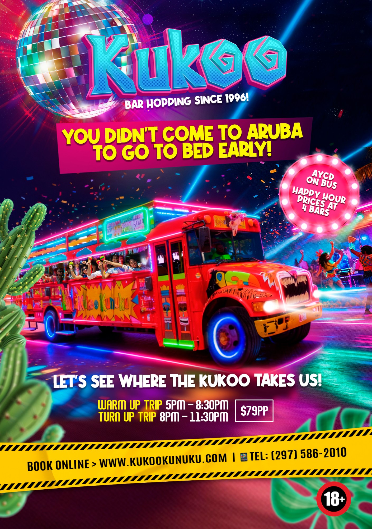 Vibrant flyer with a colorful party bus, disco ball, neon lights, and partygoers, promoting Kukoo bar hopping in Aruba.
