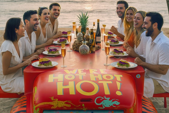 Group dining on beach with colorful truck table, sunset in background.