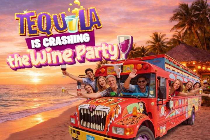 Smiling group in colorful bus on beach, holding drinks at sunset with festive text overlay.