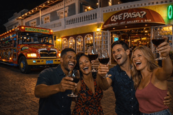 Four people laughing and toasting with wine outside a colorful bus and restaurant at night.