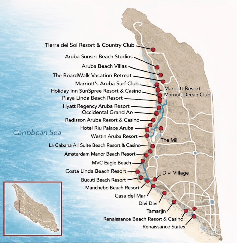 Map of Aruba's western coast showing resorts along the Caribbean Sea with locations marked by red dots.
