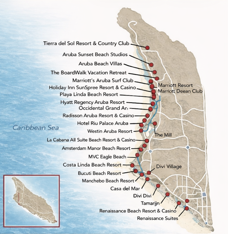 Map of Aruba's west coast showing beach resorts along the Caribbean Sea.
