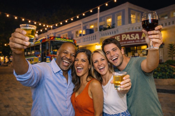 Four people smiling and raising drinks in an outdoor festive setting with string lights.