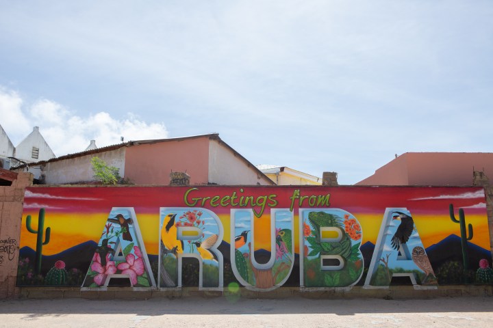 Colorful 'Greetings from Aruba' mural with plants and mountains.