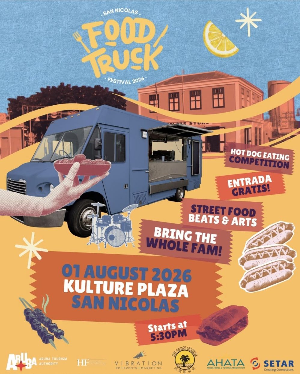 Food truck festival poster with date and location details.