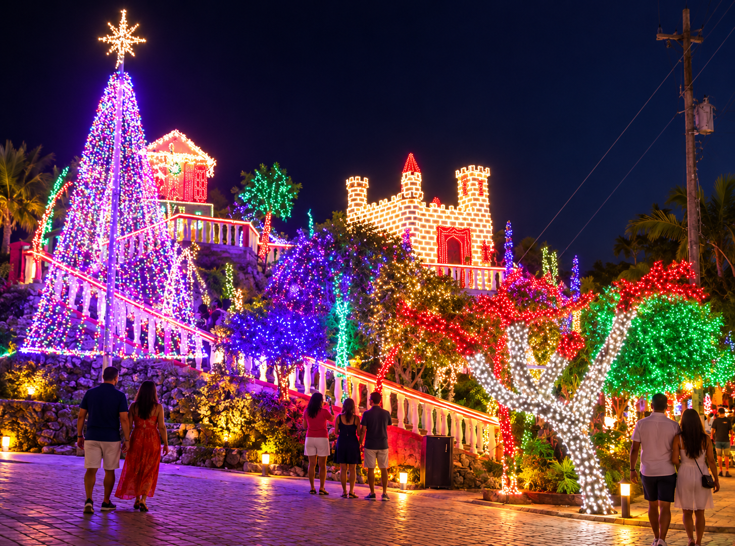 Cas di Luz illuminated for Christmas with a castle, Christmas tree, and colorful lights.
