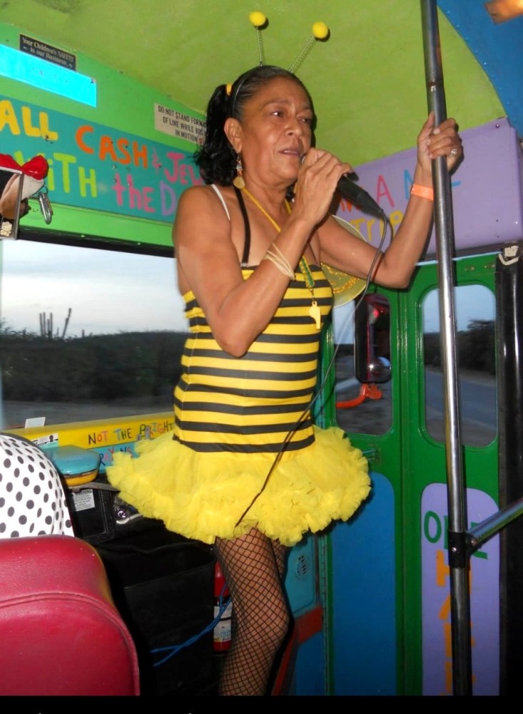 Mama, Kukoo Kunuku hostess, dressed as a bumblebee aboard the party bus in Aruba.