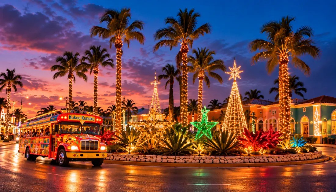 Colorful Kukoo Kunuku bus beside a Christmas-lit traffic circle in Aruba.
